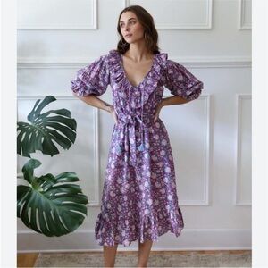 MILLE June Midi Dress Purple Rose Floral Ruffle Cotton Puff Sleeve Peasant S G10
